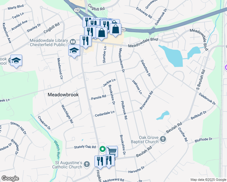 map of restaurants, bars, coffee shops, grocery stores, and more near 6331 Brookshire Dr in Richmond