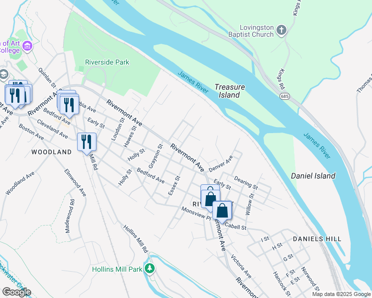 map of restaurants, bars, coffee shops, grocery stores, and more near 1528 Rivermont Avenue in Lynchburg