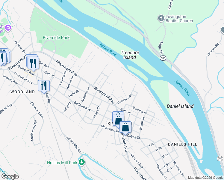 map of restaurants, bars, coffee shops, grocery stores, and more near 129 Marshall Street in Lynchburg