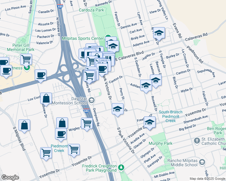 map of restaurants, bars, coffee shops, grocery stores, and more near 211 Rodrigues Avenue in Milpitas