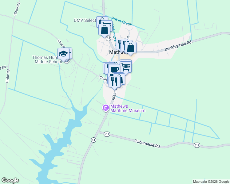 map of restaurants, bars, coffee shops, grocery stores, and more near Main Street in Mathews