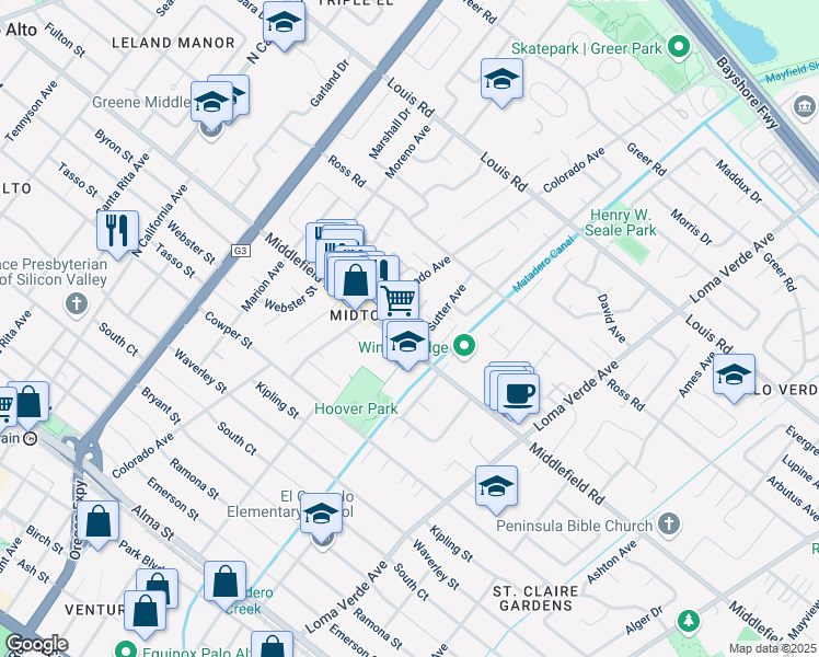 map of restaurants, bars, coffee shops, grocery stores, and more near 718 San Carlos Court in Palo Alto