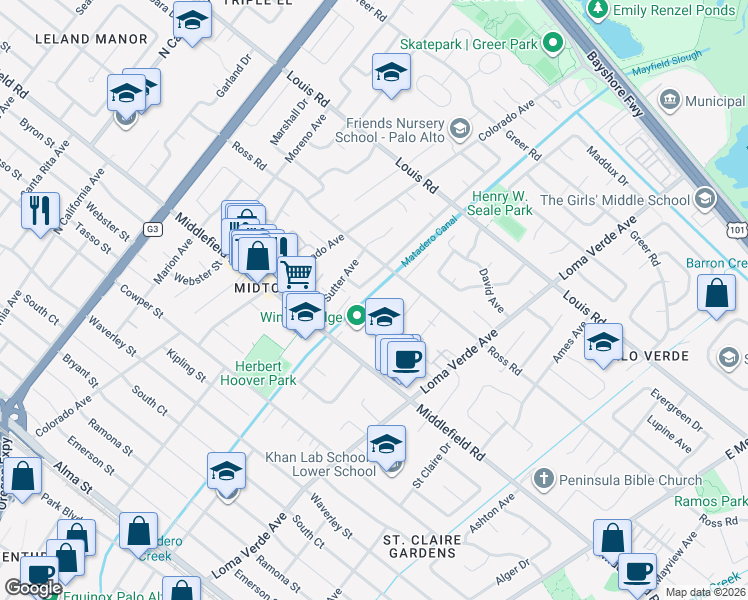 map of restaurants, bars, coffee shops, grocery stores, and more near 3042 Price Court in Palo Alto