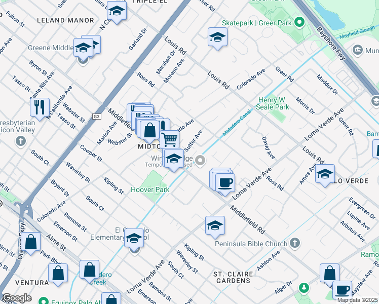 map of restaurants, bars, coffee shops, grocery stores, and more near 731 Ellsworth Place in Palo Alto