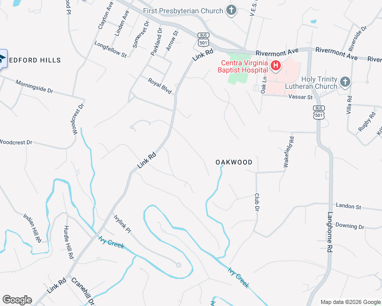 map of restaurants, bars, coffee shops, grocery stores, and more near 3735 Woodside Avenue in Lynchburg