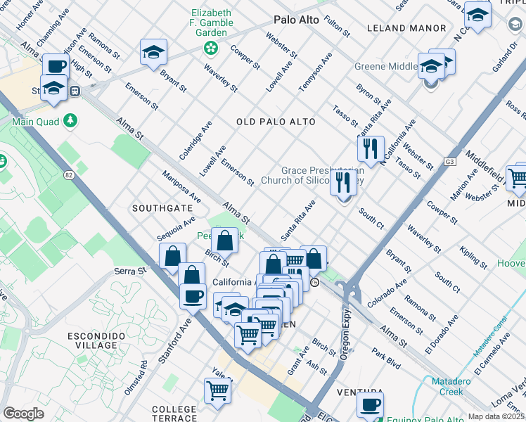 map of restaurants, bars, coffee shops, grocery stores, and more near 147 Rinconada Avenue in Palo Alto