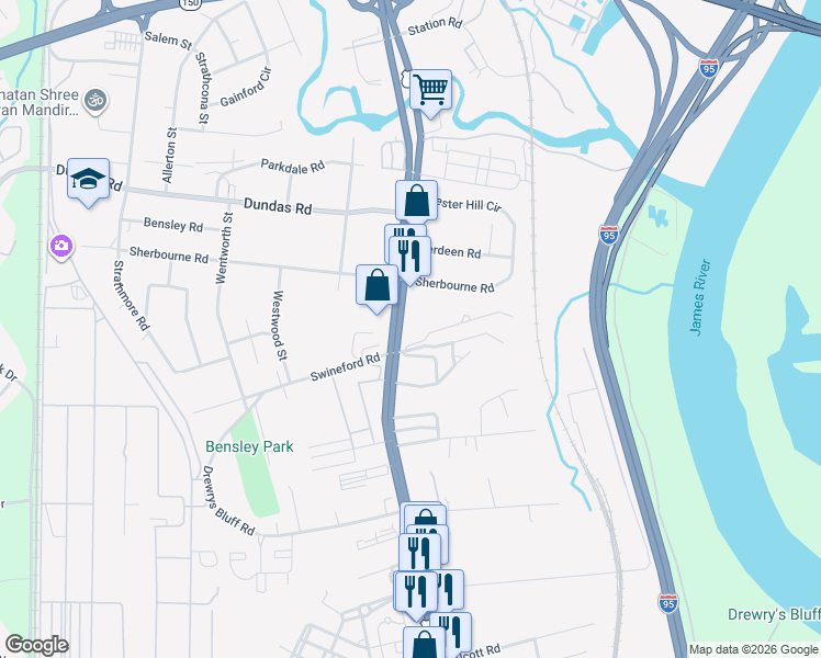map of restaurants, bars, coffee shops, grocery stores, and more near 6741 Jefferson Davis Highway in Richmond