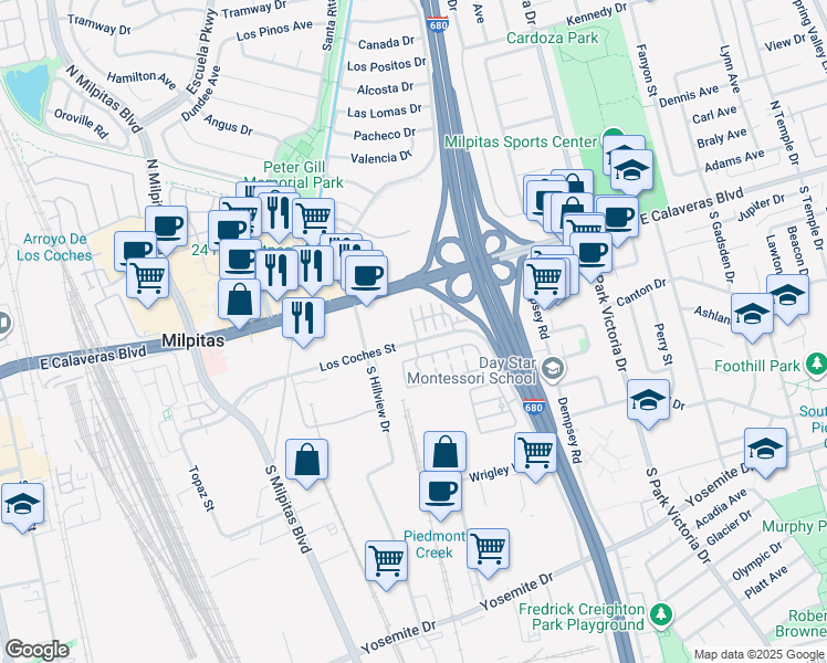 map of restaurants, bars, coffee shops, grocery stores, and more near 85 Pimentel Circle in Milpitas