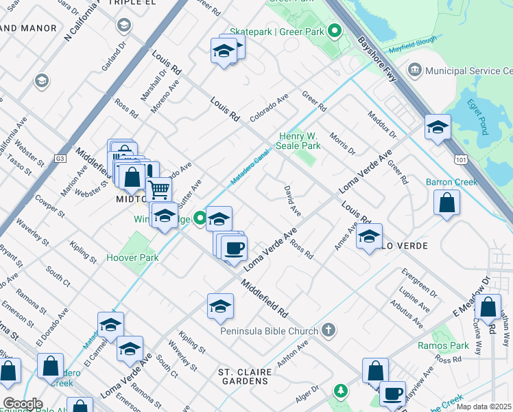 map of restaurants, bars, coffee shops, grocery stores, and more near 3125 Ross Road in Palo Alto
