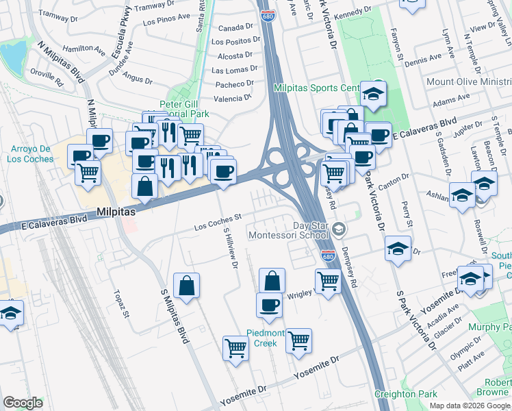 map of restaurants, bars, coffee shops, grocery stores, and more near 86 Pimentel Circle in Milpitas