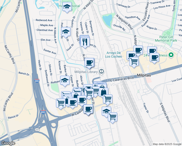 map of restaurants, bars, coffee shops, grocery stores, and more near 164 North Abel Street in Milpitas