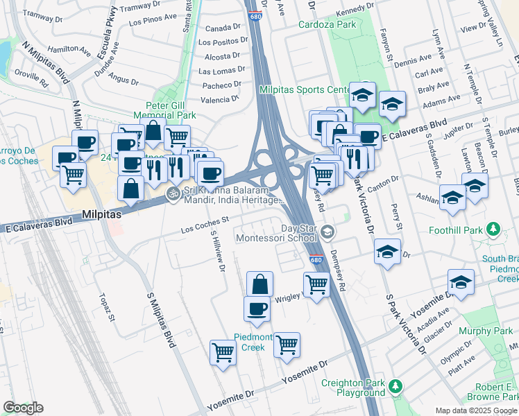 map of restaurants, bars, coffee shops, grocery stores, and more near 99 Goodman Lane in Milpitas
