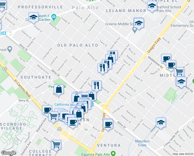 map of restaurants, bars, coffee shops, grocery stores, and more near 2160 Bryant Street in Palo Alto