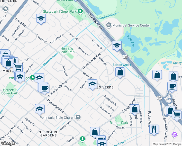 map of restaurants, bars, coffee shops, grocery stores, and more near 3333 Louis Road in Palo Alto