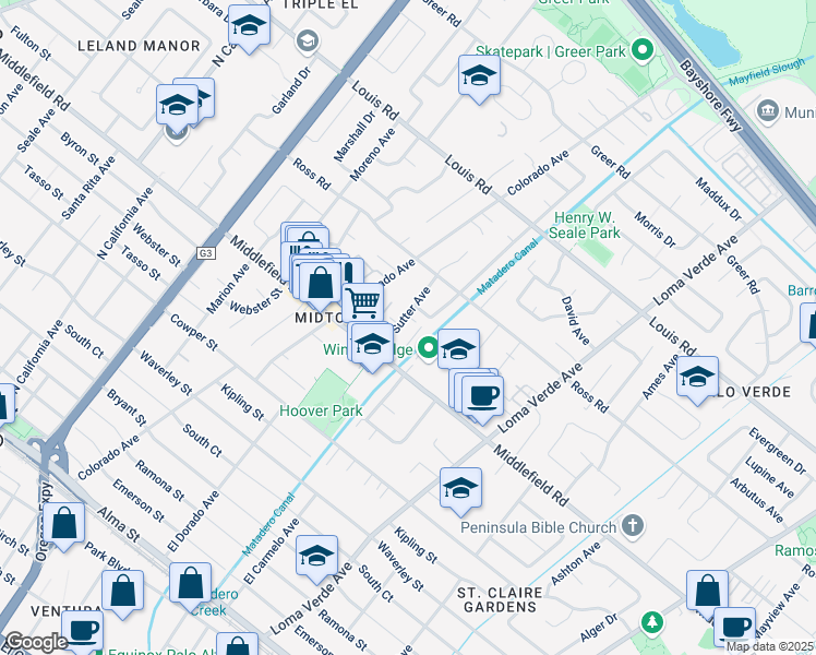 map of restaurants, bars, coffee shops, grocery stores, and more near 731 Ellsworth Place in Palo Alto