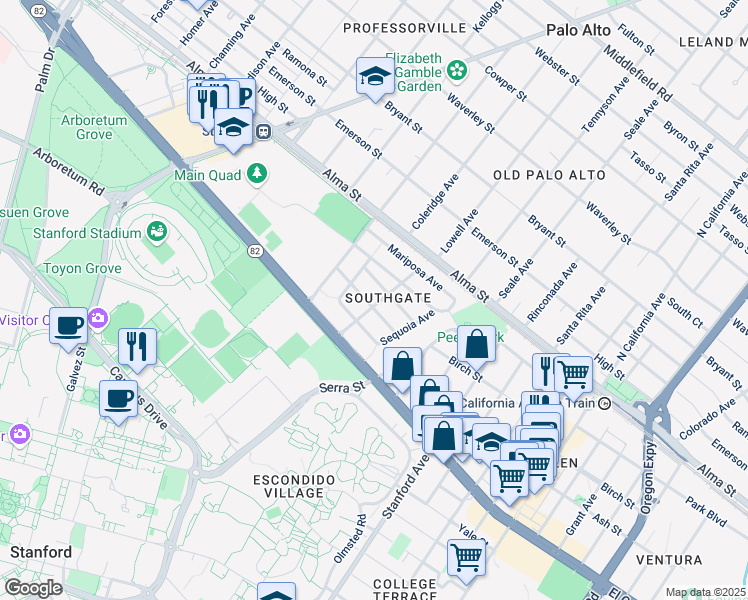 map of restaurants, bars, coffee shops, grocery stores, and more near 1570 Madrono Avenue in Palo Alto
