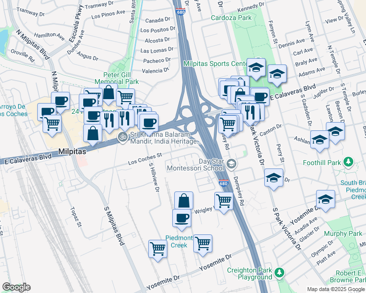 map of restaurants, bars, coffee shops, grocery stores, and more near 99 Goodman Lane in Milpitas