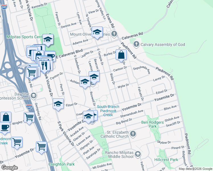 map of restaurants, bars, coffee shops, grocery stores, and more near 327 South Temple Drive in Milpitas