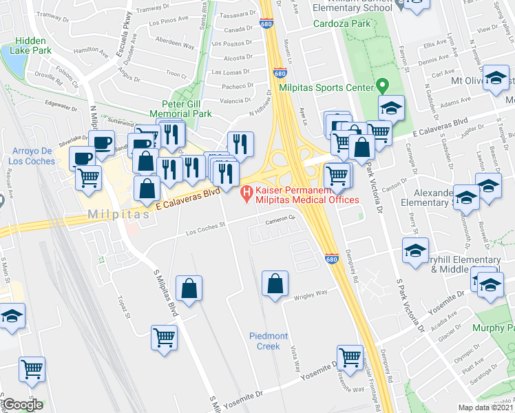 map of restaurants, bars, coffee shops, grocery stores, and more near 770 East Calaveras Boulevard in Milpitas
