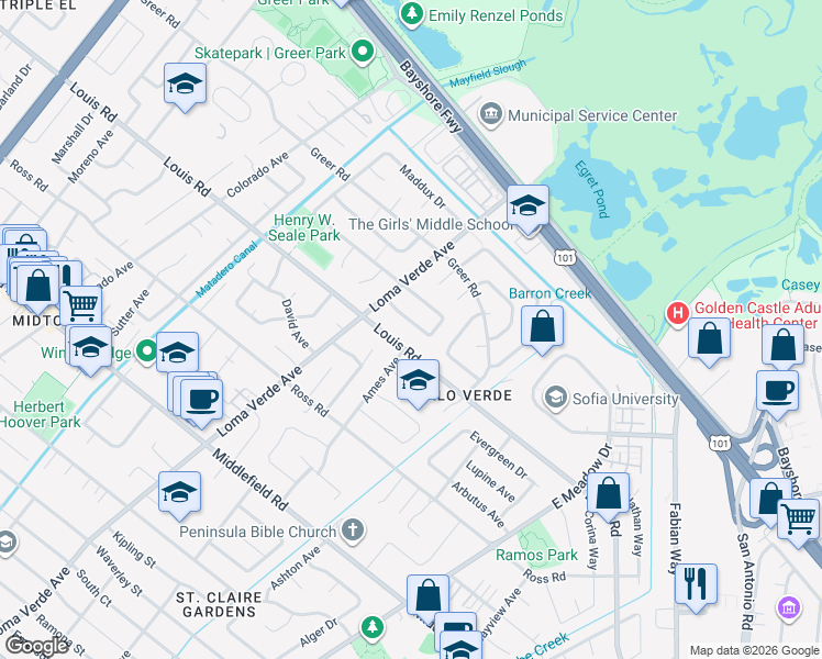 map of restaurants, bars, coffee shops, grocery stores, and more near 3333 Louis Road in Palo Alto