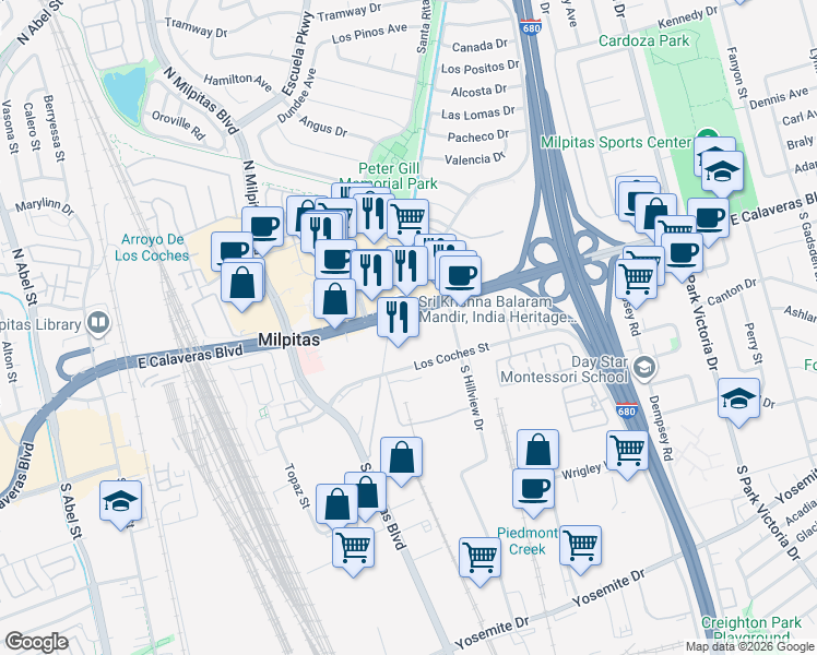 map of restaurants, bars, coffee shops, grocery stores, and more near 700 East Calaveras Boulevard in Milpitas