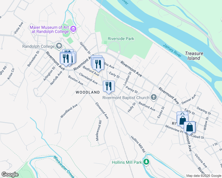 map of restaurants, bars, coffee shops, grocery stores, and more near 2008 Cleveland Avenue in Lynchburg
