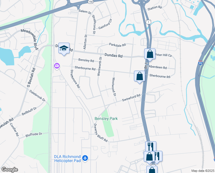 map of restaurants, bars, coffee shops, grocery stores, and more near 6811 Strathmore Court in Richmond