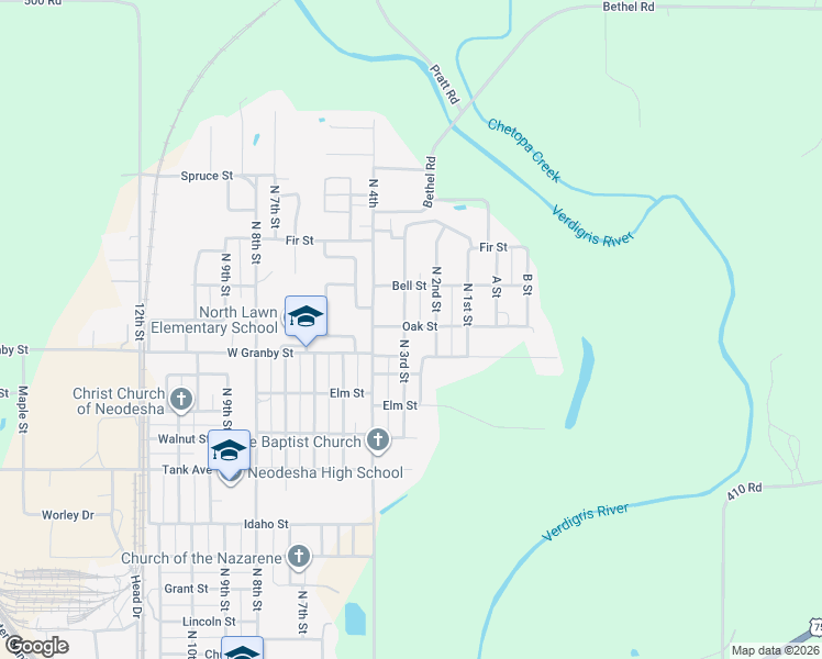 map of restaurants, bars, coffee shops, grocery stores, and more near 1438 North 3rd Street in Neodesha