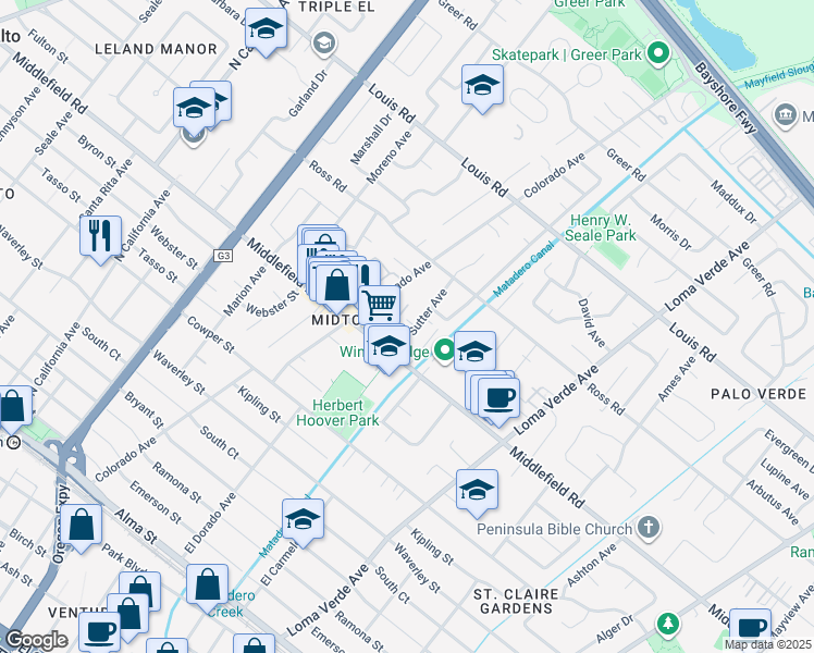map of restaurants, bars, coffee shops, grocery stores, and more near 718 San Carlos Court in Palo Alto