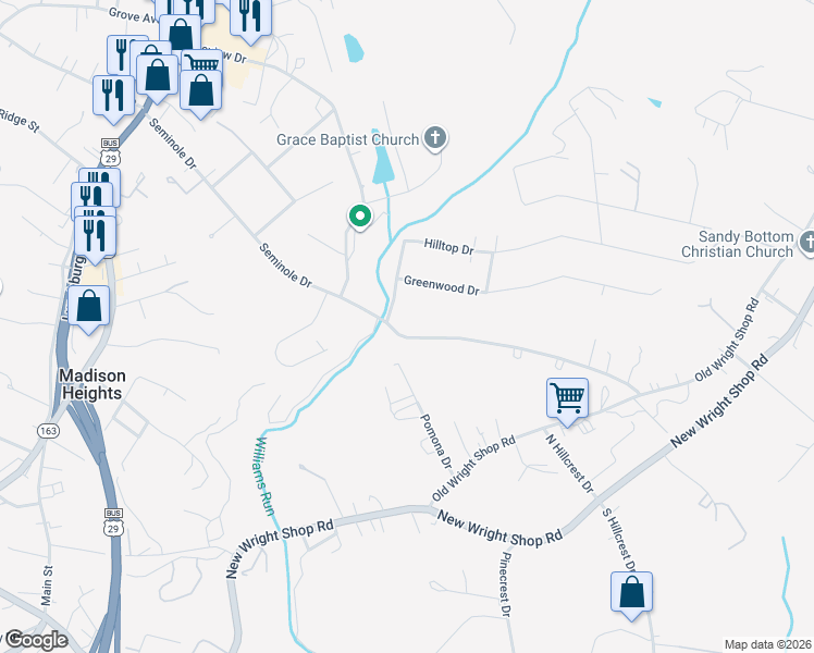 map of restaurants, bars, coffee shops, grocery stores, and more near 406-422 Seminole Drive in Madison Heights