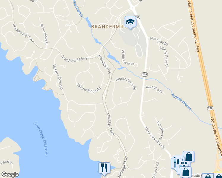 map of restaurants, bars, coffee shops, grocery stores, and more near 4119 Poplar Grove Road in Midlothian