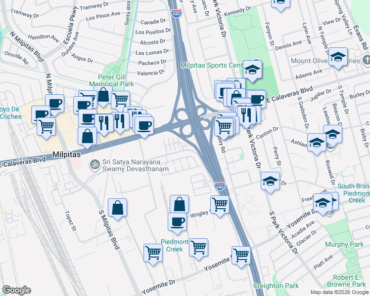 map of restaurants, bars, coffee shops, grocery stores, and more near 98 Castillo Lane in Milpitas