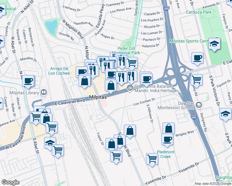 map of restaurants, bars, coffee shops, grocery stores, and more near 466 East Calaveras Boulevard in Milpitas