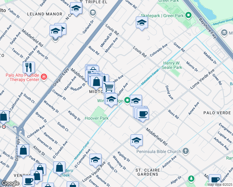 map of restaurants, bars, coffee shops, grocery stores, and more near 718 San Carlos Court in Palo Alto