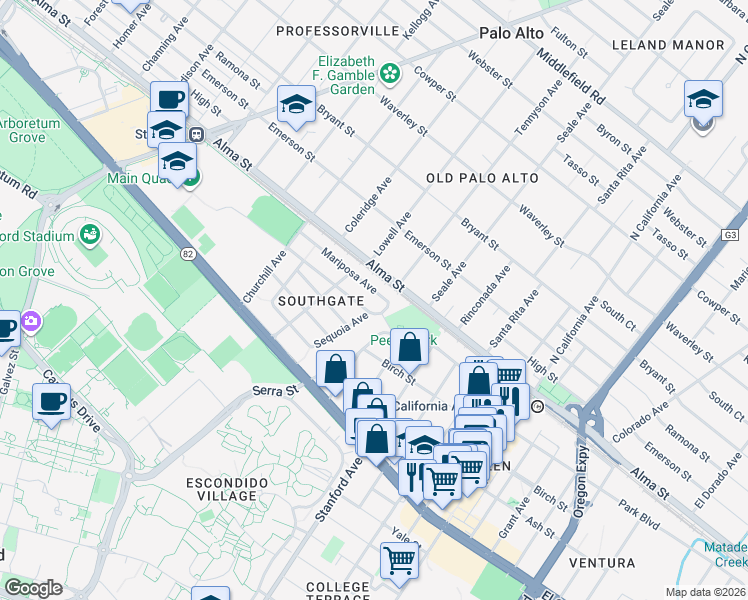 map of restaurants, bars, coffee shops, grocery stores, and more near 1690 Castilleja Avenue in Palo Alto