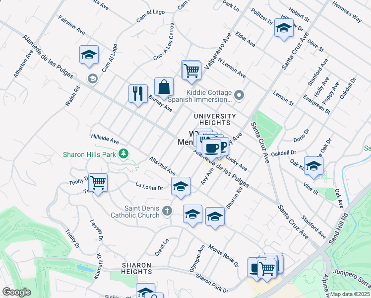 map of restaurants, bars, coffee shops, grocery stores, and more near 3455 Alameda de las Pulgas in Menlo Park