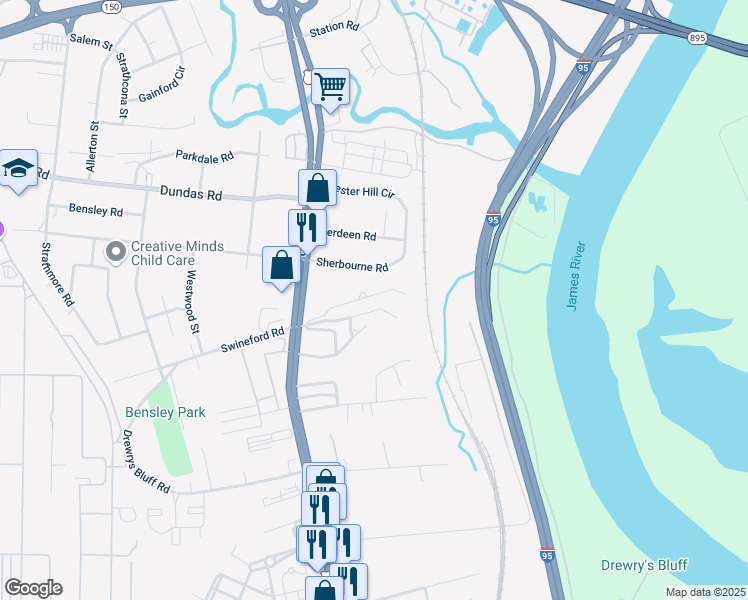 map of restaurants, bars, coffee shops, grocery stores, and more near 2409 Alfalfa Lane in Richmond
