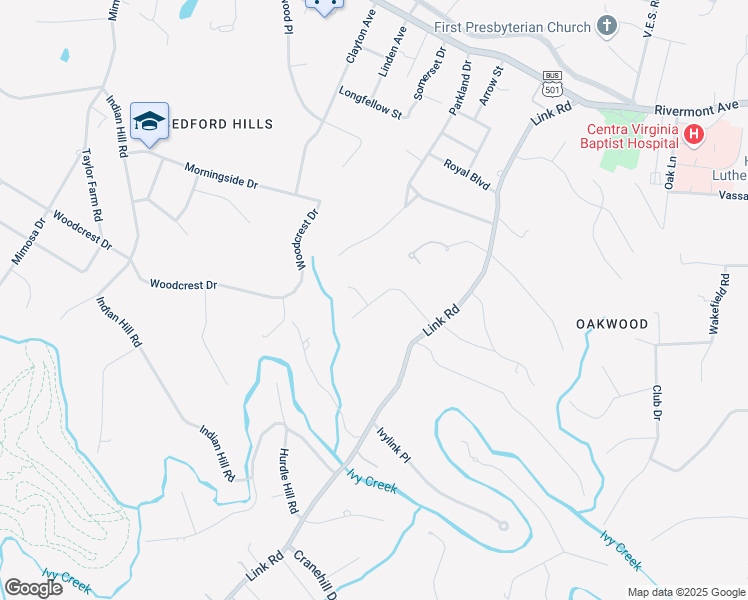map of restaurants, bars, coffee shops, grocery stores, and more near 2224 Surrey Place in Lynchburg