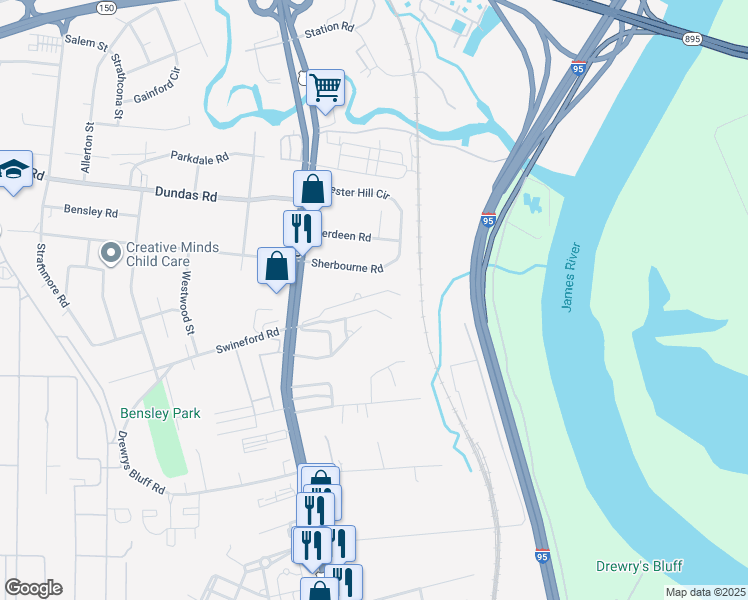 map of restaurants, bars, coffee shops, grocery stores, and more near 2421 Alfalfa Lane in Richmond