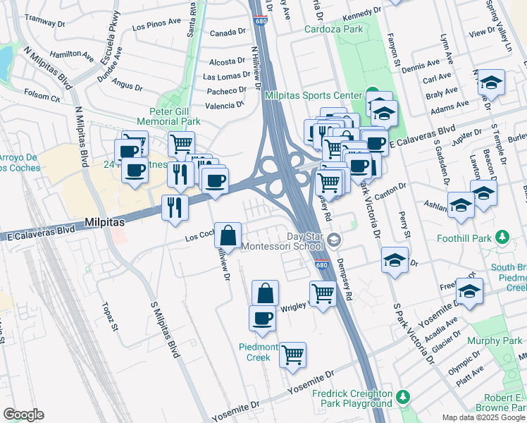 map of restaurants, bars, coffee shops, grocery stores, and more near 98 Castillo Lane in Milpitas