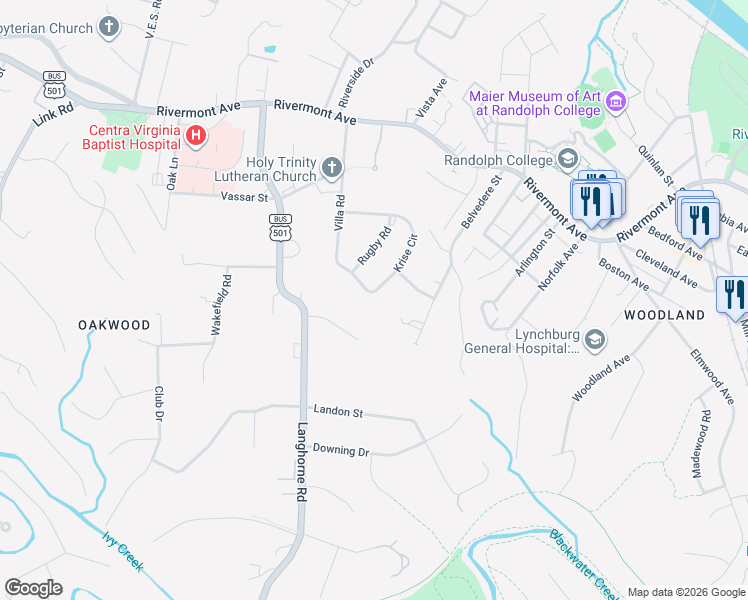 map of restaurants, bars, coffee shops, grocery stores, and more near 1316 Krise Circle in Lynchburg
