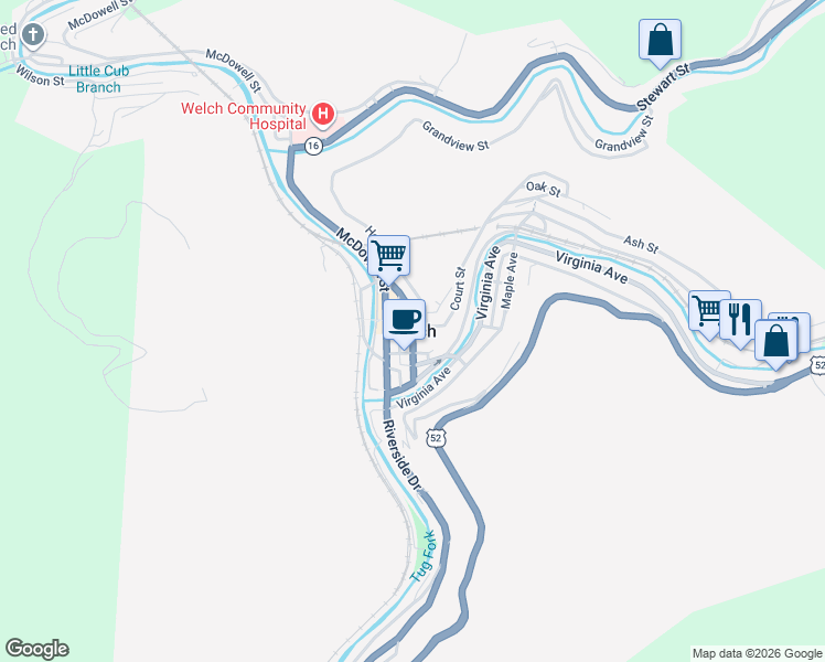 map of restaurants, bars, coffee shops, grocery stores, and more near in Welch
