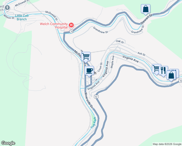 map of restaurants, bars, coffee shops, grocery stores, and more near in Welch