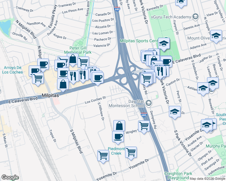 map of restaurants, bars, coffee shops, grocery stores, and more near 98 Castillo Lane in Milpitas