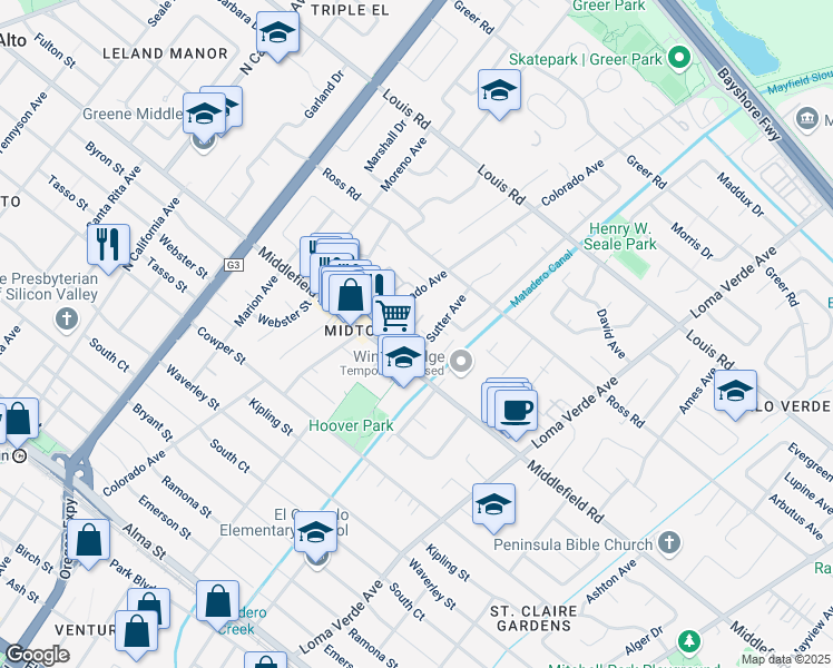 map of restaurants, bars, coffee shops, grocery stores, and more near 718 San Carlos Court in Palo Alto