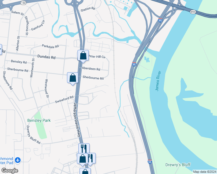 map of restaurants, bars, coffee shops, grocery stores, and more near 2300 Alfalfa Lane in Richmond
