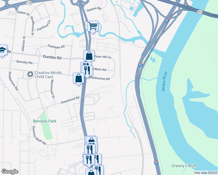 map of restaurants, bars, coffee shops, grocery stores, and more near 2409 Alfalfa Lane in Richmond