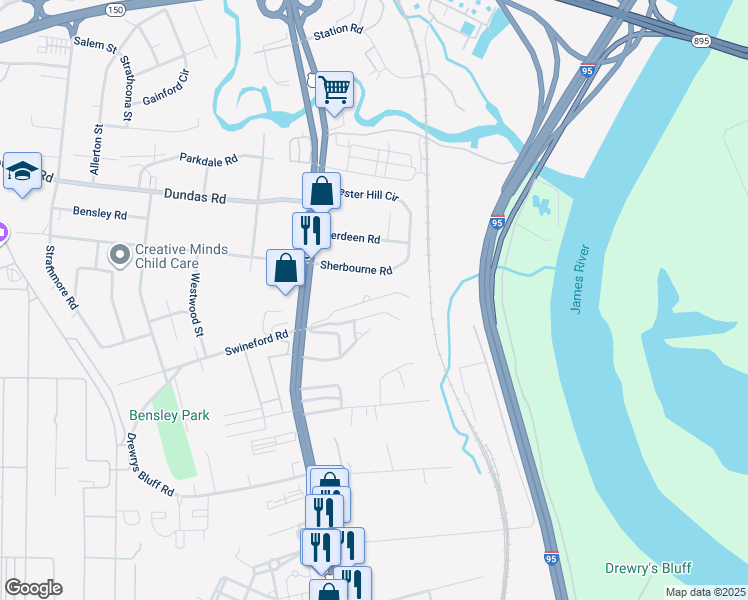 map of restaurants, bars, coffee shops, grocery stores, and more near 2409 Alfalfa Lane in Richmond