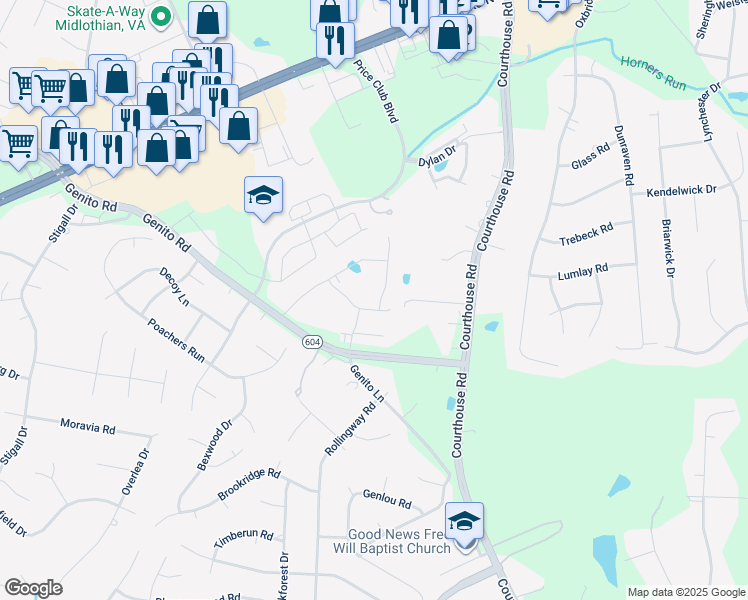 map of restaurants, bars, coffee shops, grocery stores, and more near Braden Woods Court in Chesterfield County