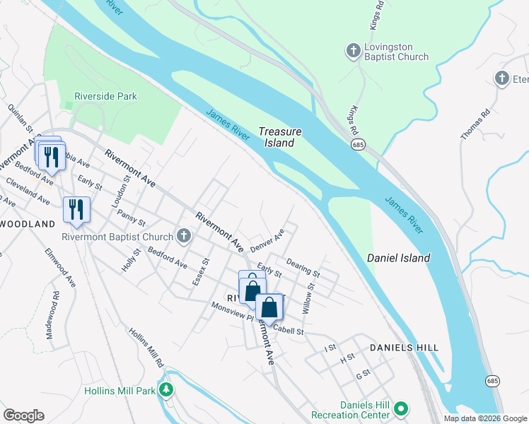 map of restaurants, bars, coffee shops, grocery stores, and more near 1466 Yancey Street in Lynchburg